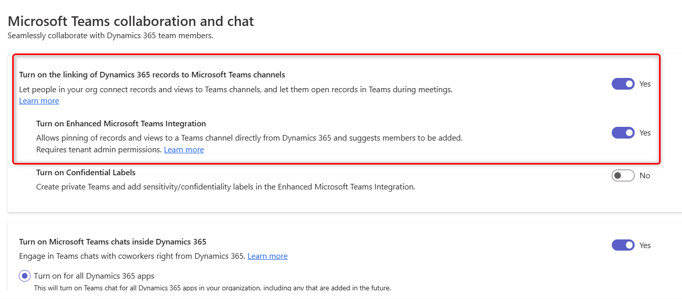 ภาพหน้าจอของการตั้งค่าการทำงานร่วมกันและการแชทของ Microsoft Teams