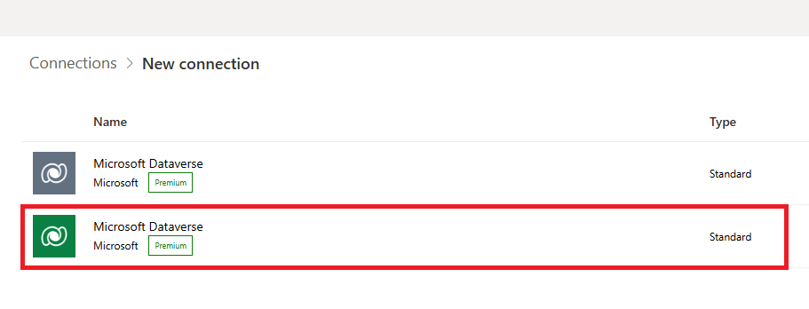 สกรีนช็อตของการเลือกการเชื่อมต่อ Dataverse