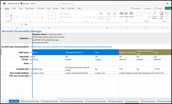 สกรีนช็อตแสดงวิธีการป้อนข้อมูลในแท็บเอนทิตีในเทมเพลต Excel