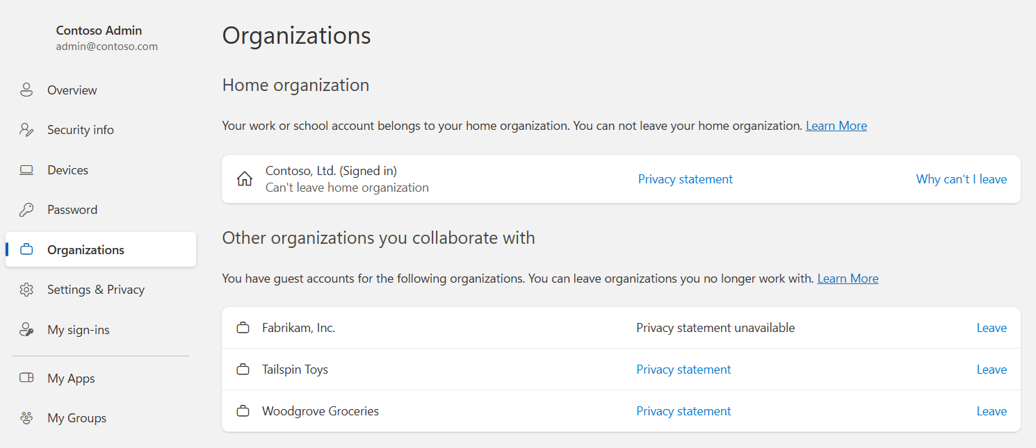 Screenshot showing the list of organizations you belong to.