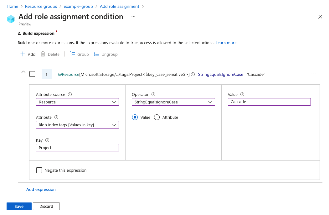 Screenshot of the new assignment condition built from an expression.