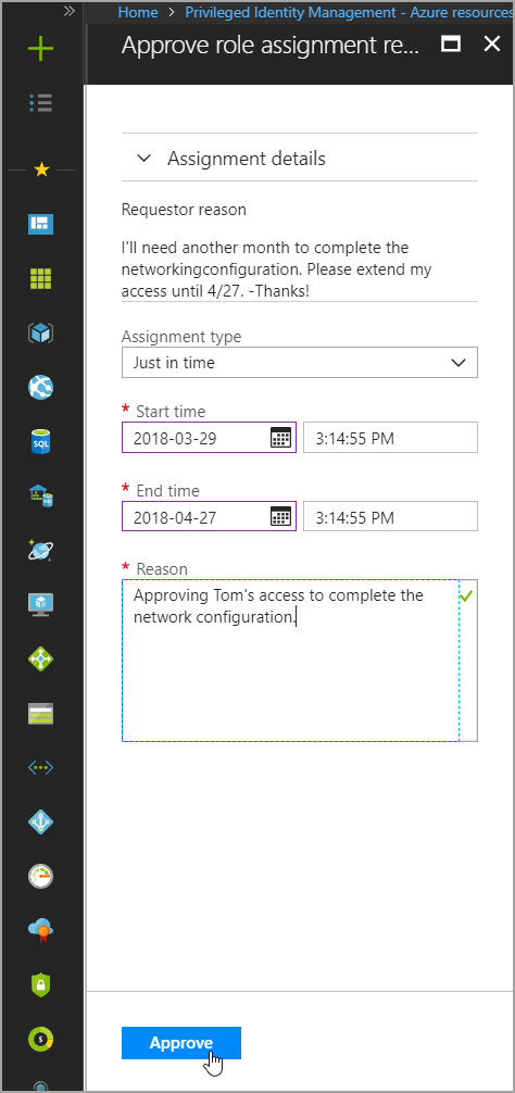 Screenshot of Approve role assignment request with requestor reason, assignment type, start time, end time, and reason.