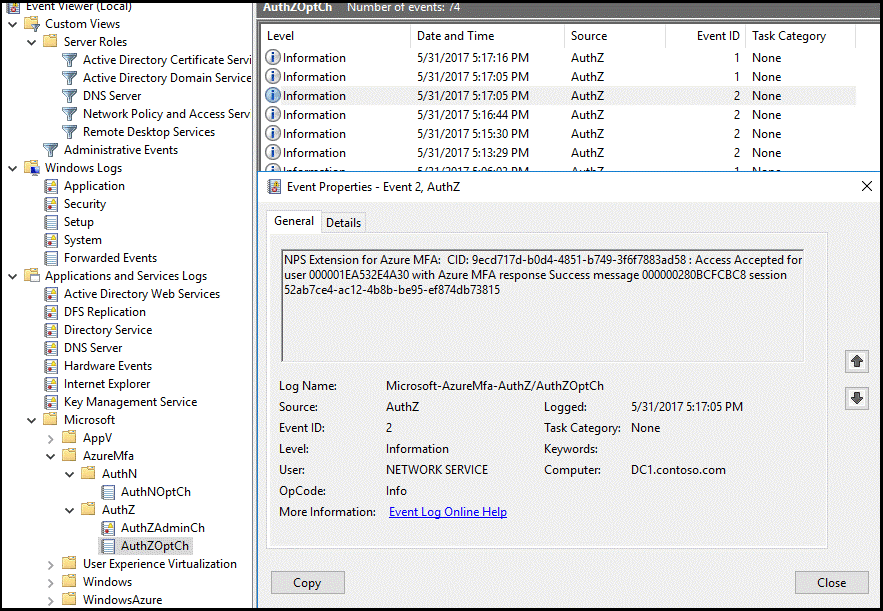 Event Viewer AuthZ application logs