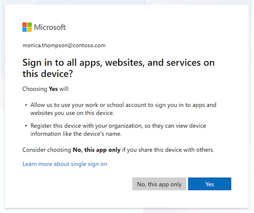 Screenshot showing the stay signed in to all your apps window. Uncheck the allow my organization to manage my device checkbox.