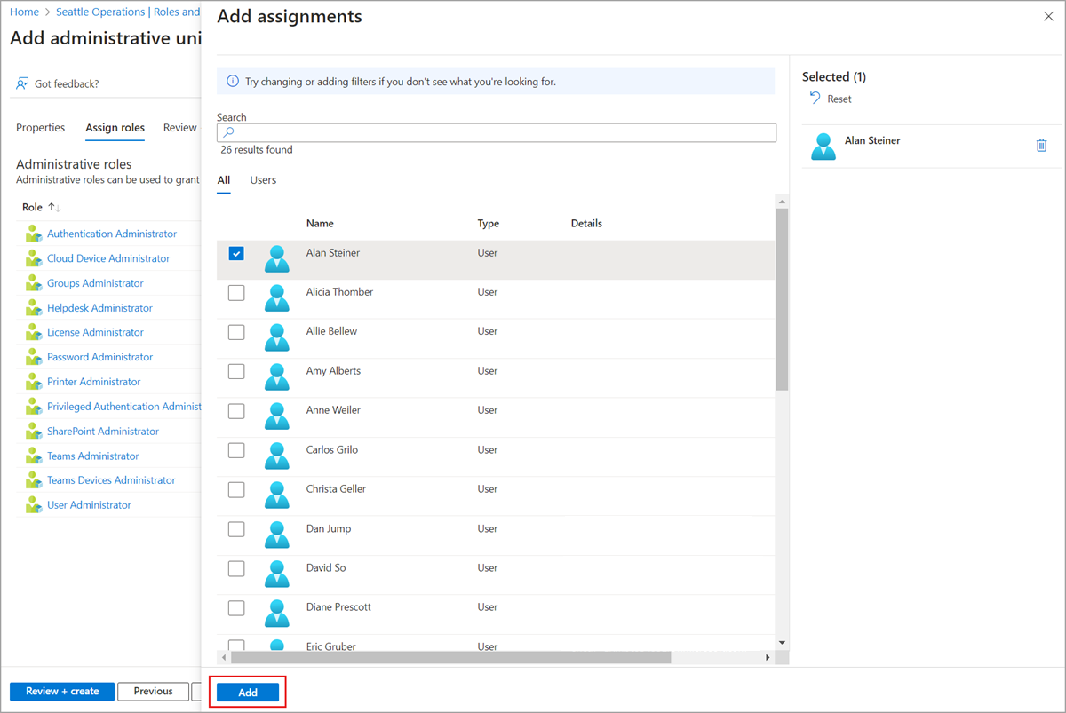 Screenshot showing the Add assignments pane to add role assignments with this administrative unit scope.