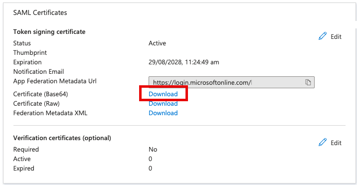 Screenshot shows the Certificate download link.