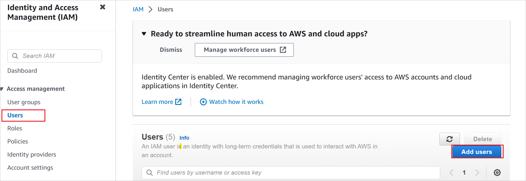 Screenshot of AWS IAM console, with Users highlighted.