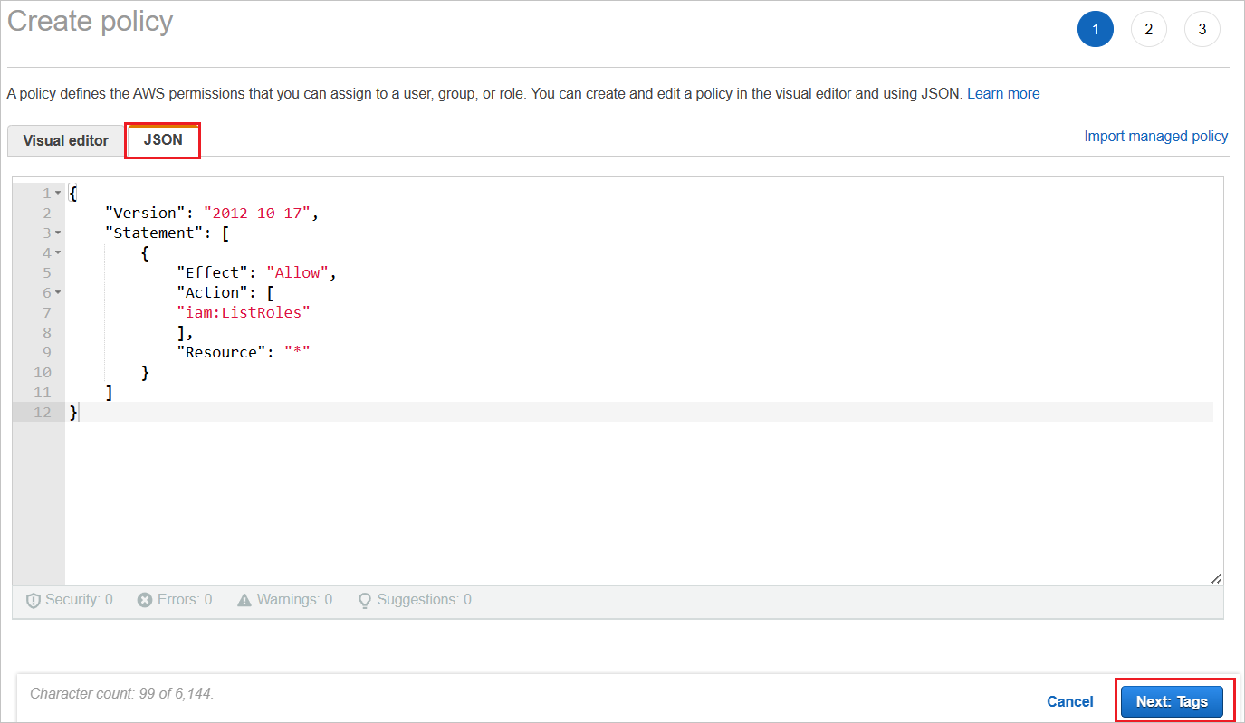 Screenshot of Create policy page, with JSON highlighted.