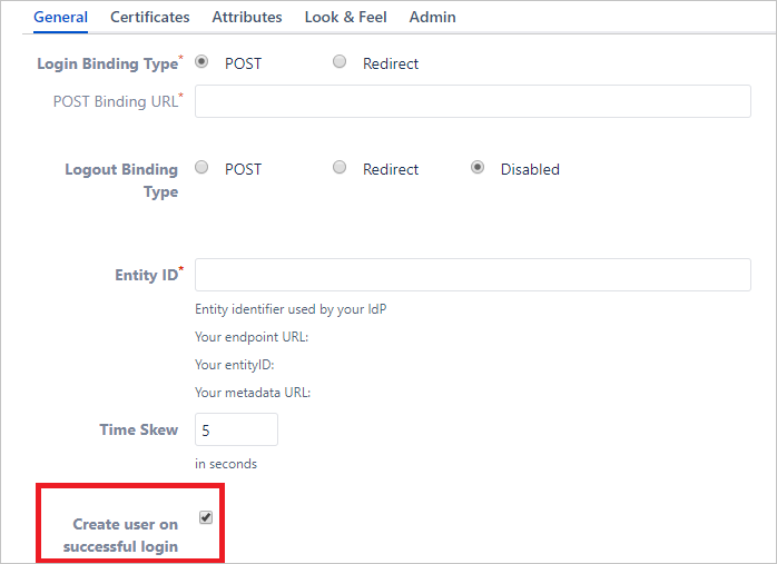 Screenshot of the General section of EasySSO plug-in configuration, with Create user on successful login highlighted