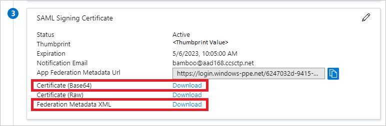 Screenshot of the SAML Signing Certificate section, with download links highlighted