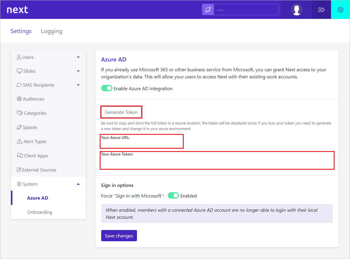 Screenshot shows the Token and URL values in Netpresenter Next.