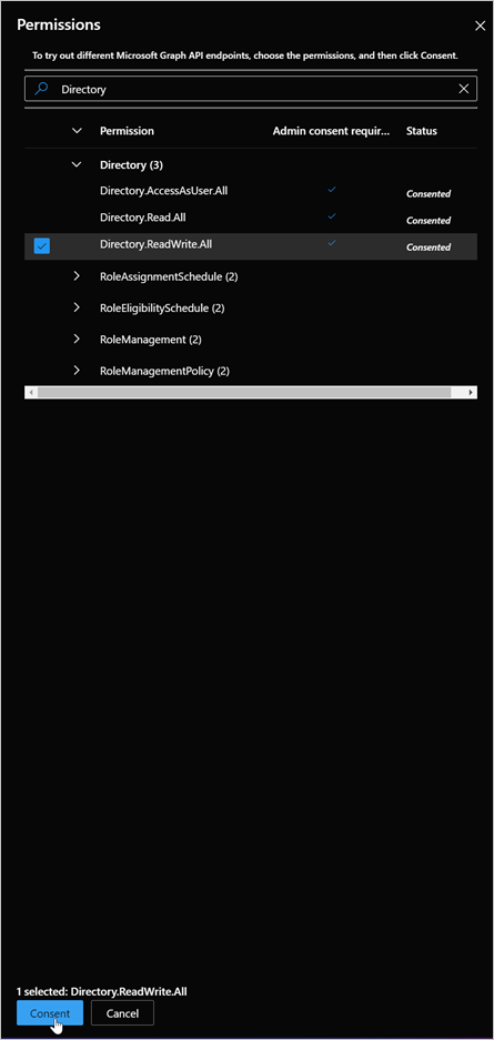 Screenshot of Microsoft Graph permissions.