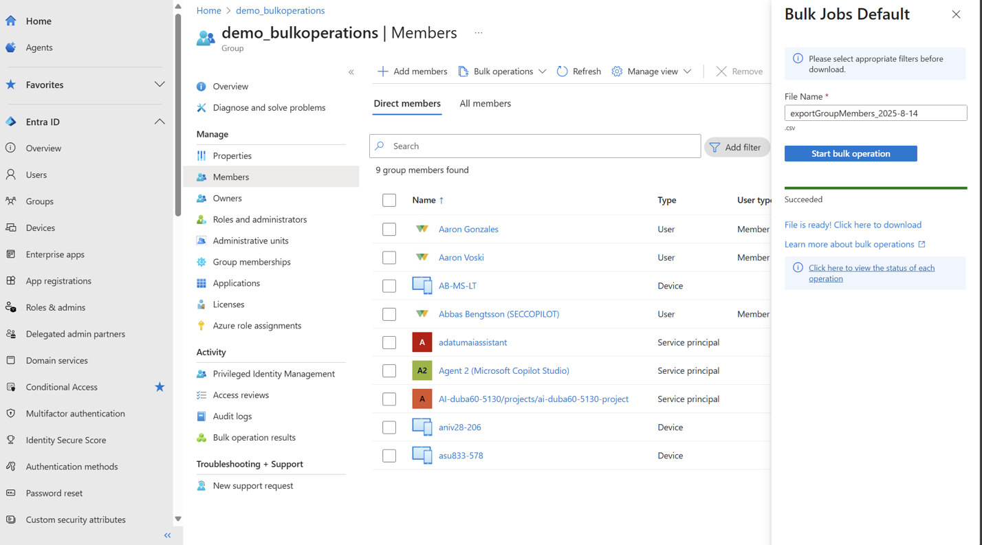 Screenshot of the Bulk operations menu on the Members tab with Download members selected.