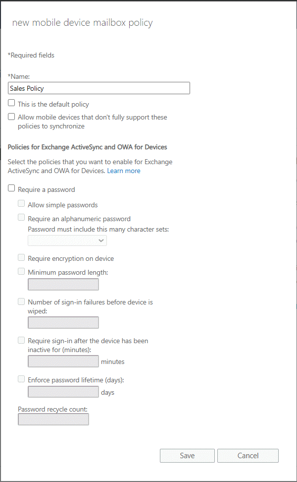 New mobile device mailbox policy.