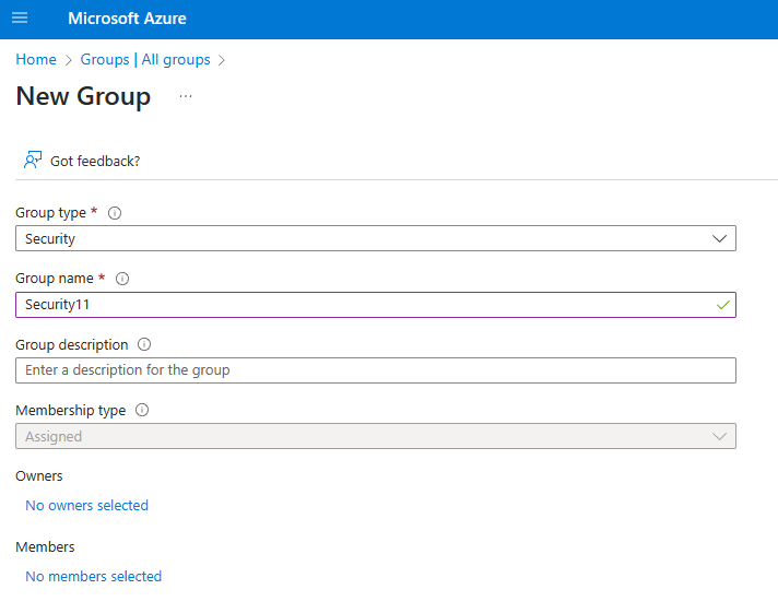 ภาพหน้าจอของกล่องโต้ตอบการสร้างกลุ่มใหม่ในพอร์ทัล Azure