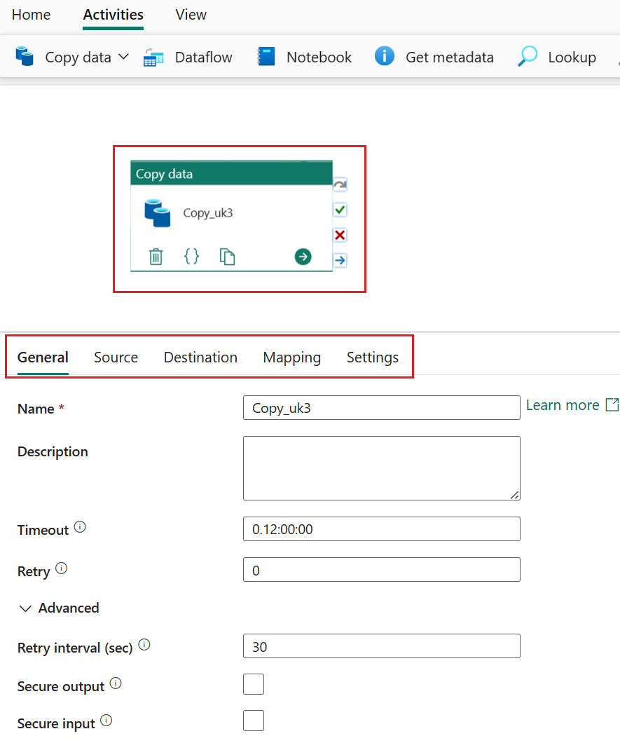 สกรีนช็อตที่แสดงกิจกรรมการคัดลอกบนพื้นที่ทํางานของไปป์ไลน์ข้อมูล