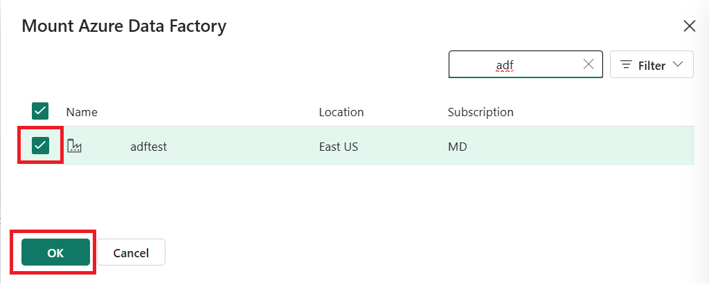 สกรีนช็อตของกล่องโต้ตอบการเลือกอินสแตนซ์ Azure Data Factory