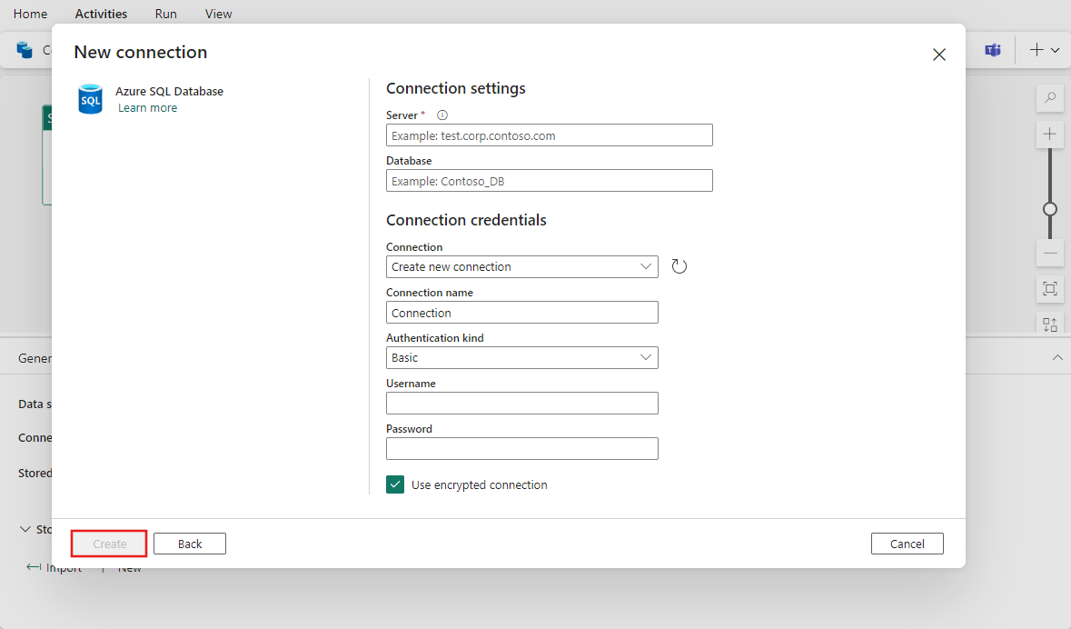 Screenshot showing the details on the New connection screen.