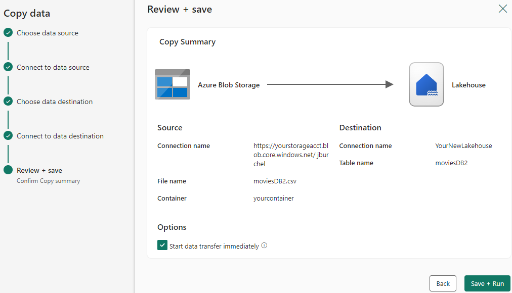 สกรีนช็อตแสดงหน้าจอตรวจสอบ + สร้างในกล่องโต้ตอบผู้ช่วยคัดลอกข้อมูล