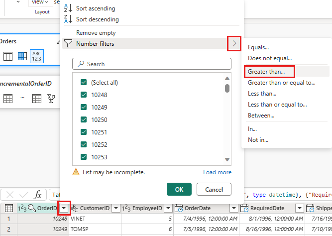 สกรีนช็อตที่แสดง orderid มากกว่าฟังก์ชันตัวกรอง