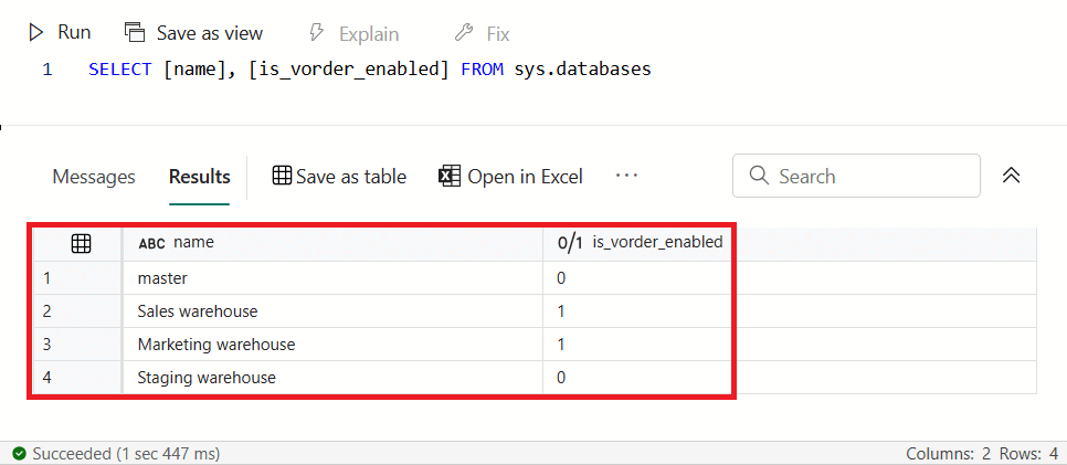 สกรีนช็อตที่แสดงผลลัพธ์คิวรีที่แสดงรายการสี่คลังและรัฐ V-Order สําหรับแต่ละคลังข้อมูล