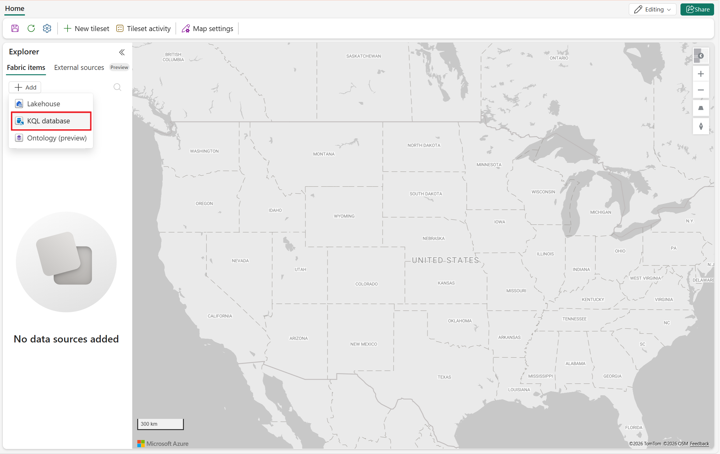 สกรีนช็อตของบานหน้าต่าง Explorer ใน Fabric Maps ที่แสดงแท็บ รายการ Fabric เมนูดรอปดาวน์เพิ่มจะเปิดขึ้นและแสดงสามตัวเลือก: Lakehouse, ฐานข้อมูล KQL และ Ontology (พรีวิว) Ontology (พรีวิว) ถูกเน้นในรายการ อินเทอร์เฟซให้การเข้าถึงแหล่งข้อมูลเพื่อเพิ่มลงในเลเยอร์แผนที่