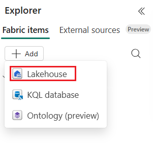 สกรีนช็อตที่แสดงบานหน้าต่าง Explorer ใน Fabric Maps ที่แสดงแท็บ รายการ Fabric ที่มีเมนูดรอปดาวน์ เพิ่ม ขยาย โดยแสดงรายการสามตัวเลือก: Lakehouse, ฐานข้อมูล KQL และ Ontology (พรีวิว) โดยเน้น Ontology (พรีวิว)