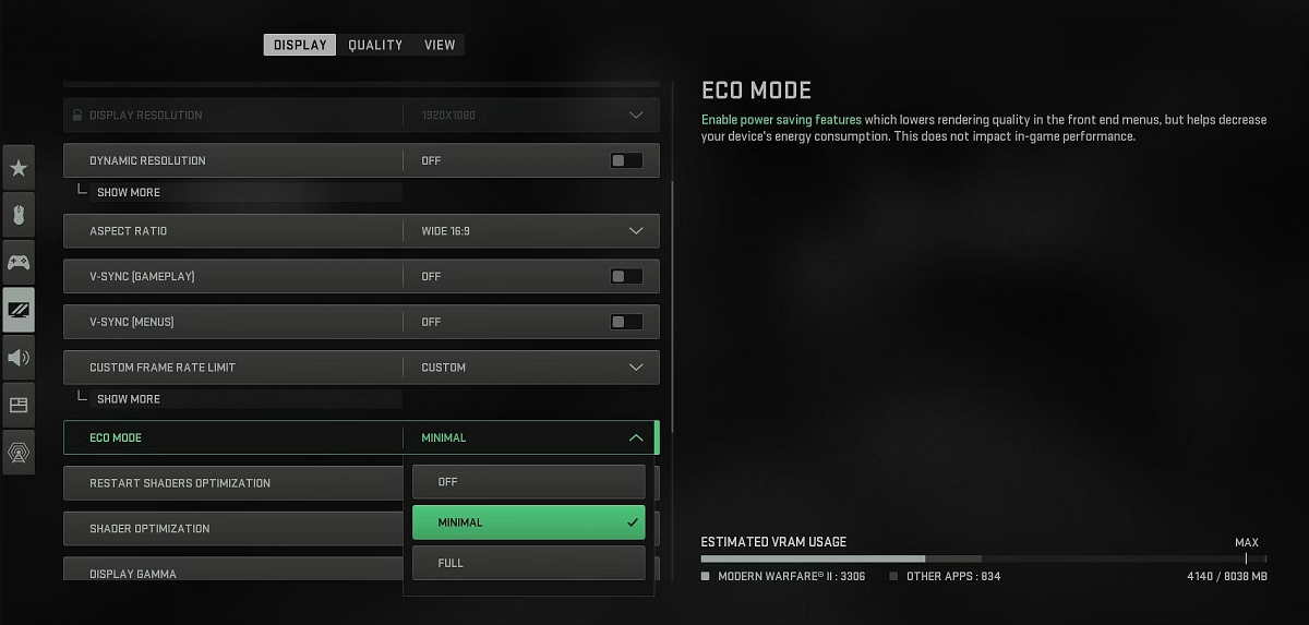 COD:Warzone 2 eco mode setting in the menus