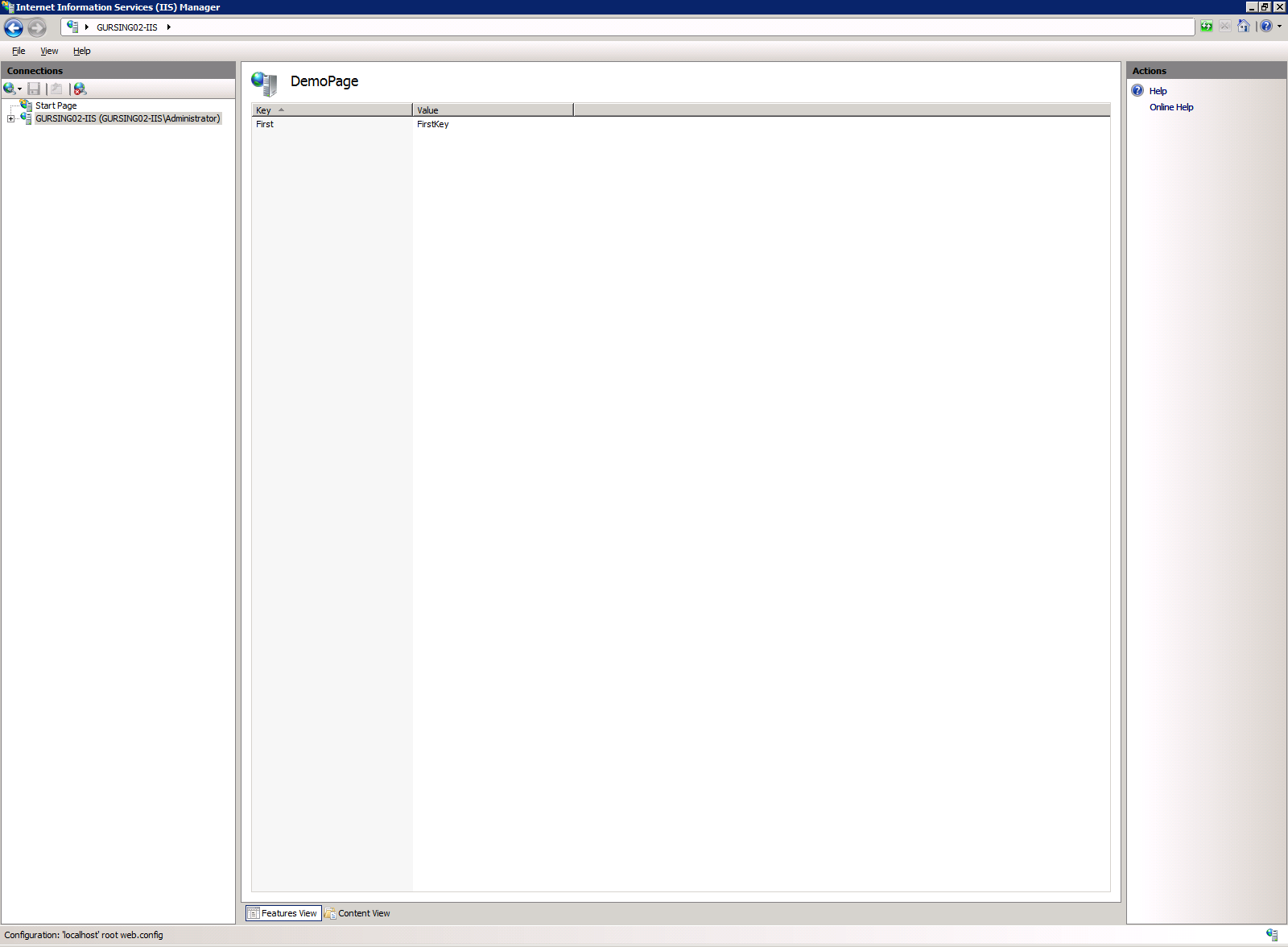 Screenshot of Internet Information Services I I S Demo Page with Actions menu for Help and Online Help displayed.