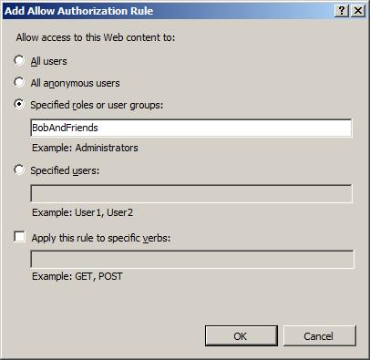 Screenshot showing Add Allow Authorization Rule panel with selection of Specified roles or user groups.