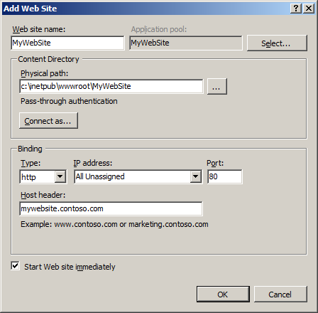Screenshot showing the Add Web Site wizard window. The window contains sample information to create a new website.