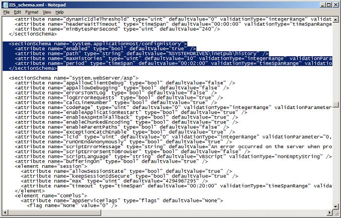 Screenshot showing the I I S schema file on Windows Server 2008. The default configHistory schema is highlighted.