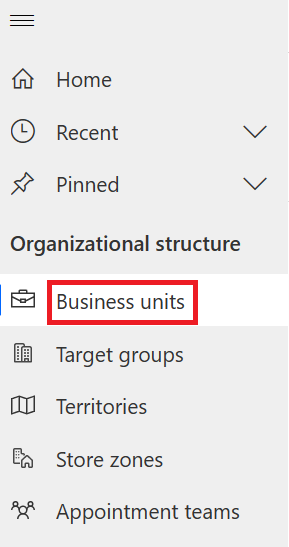 Screenshot of the navigation pane with Business units highlighted.