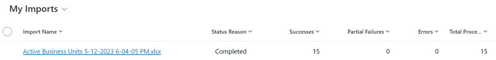 Screenshot of the My Imports screen showing the number of successes and the status.