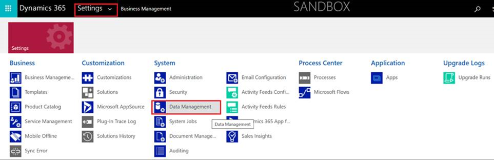Screenshot of the pop-up screen showing Data Management selected.