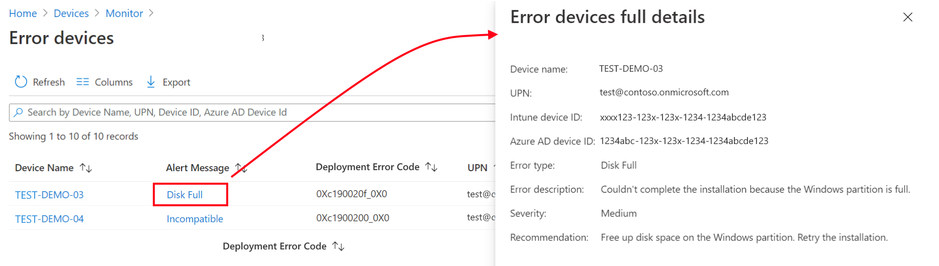 Alert details pane showing error message, affected device count, and remediation information.