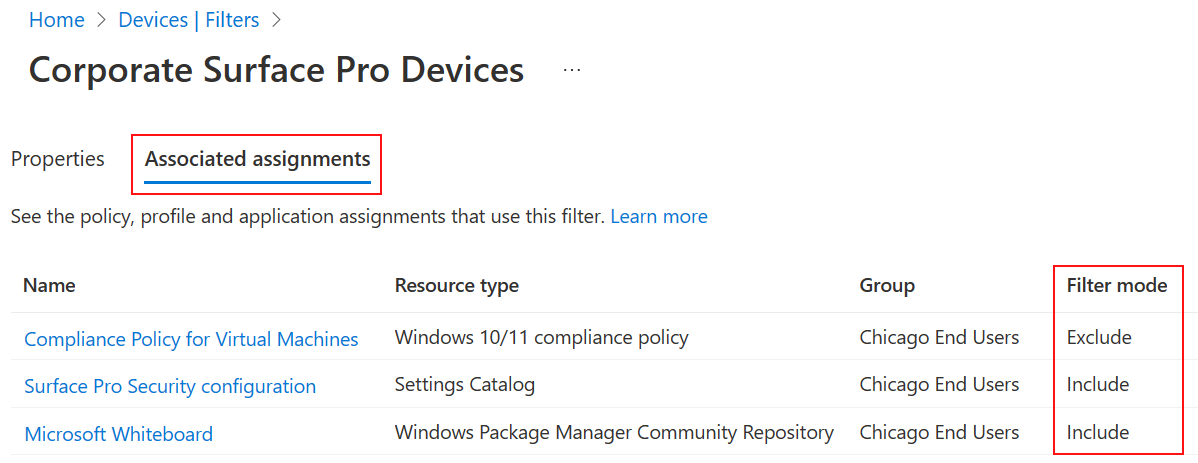 Screenshot that shows associated assignment tabs for an existing assignment filter in Microsoft Intune.