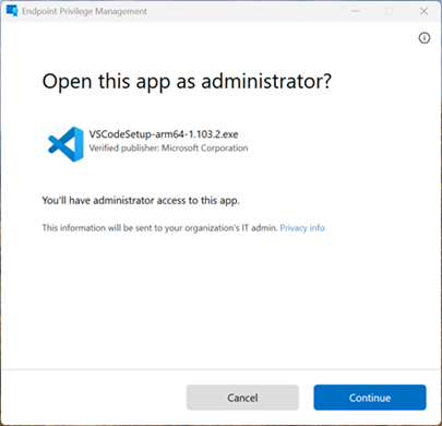 A screenshot showing the prompt a user receives when they use user confirmed elevation.