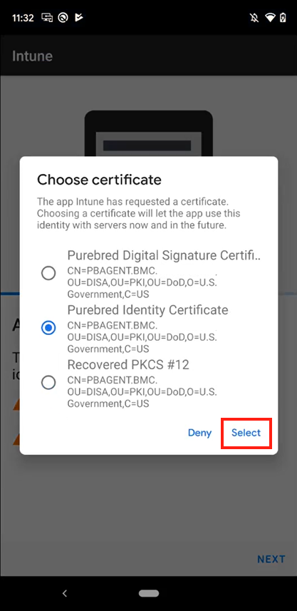 Screenshot of the Choose certificate prompt