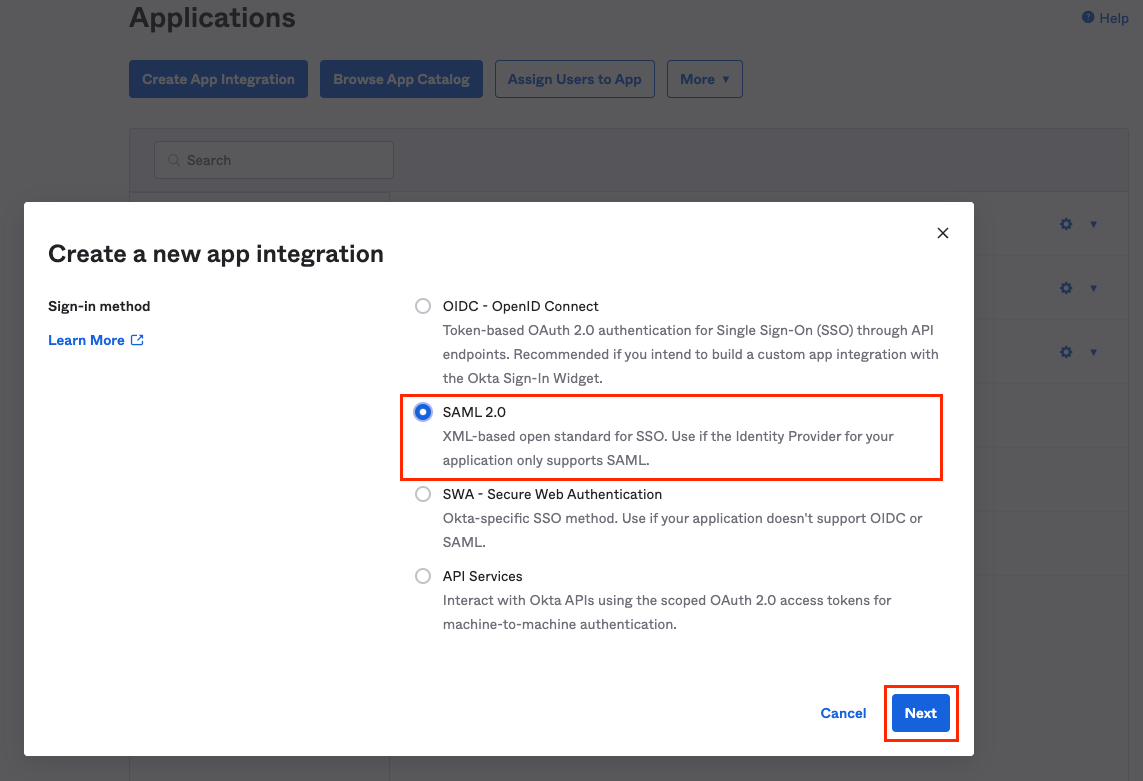 Create a new app integration