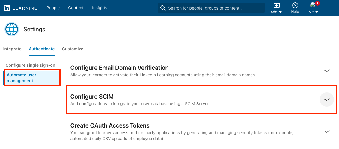 Configure SCIM section