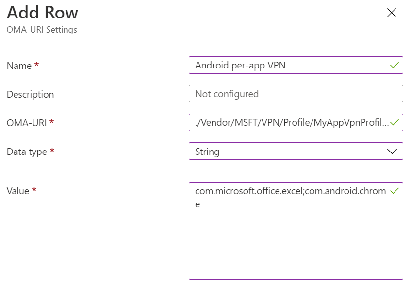 Screenshot that shows Android device administrator per-app VPN custom policy in Microsoft Intune.