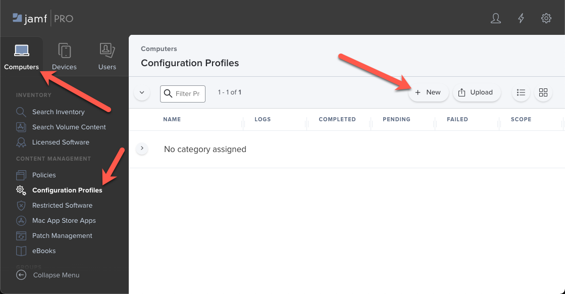 Screenshot that shows the Jamf Pro portal and how to create a configuration profile for macOS devices.