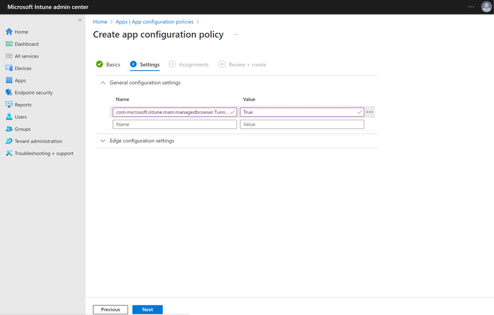 Image that shows the Identity switch configuration key and value for MAM Tunnel on unmanaged Android devices in Microsoft Intune.