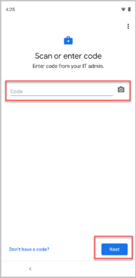 Example image of Scan or enter code screen, highlighting Next button.