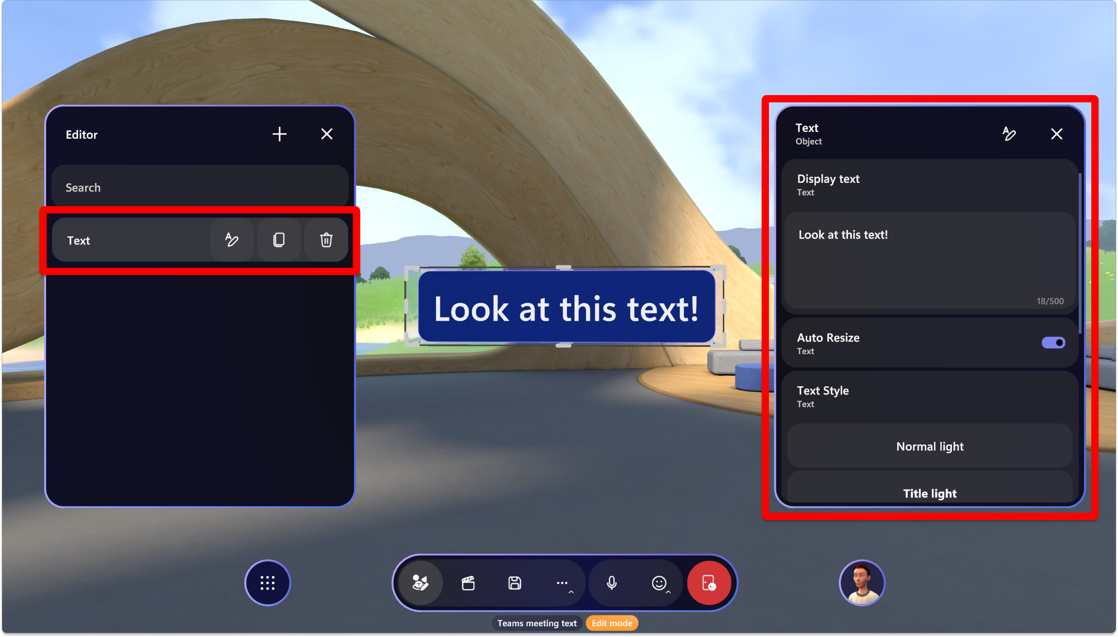 Screenshot of customization session in the Mesh app showing the Text  object.