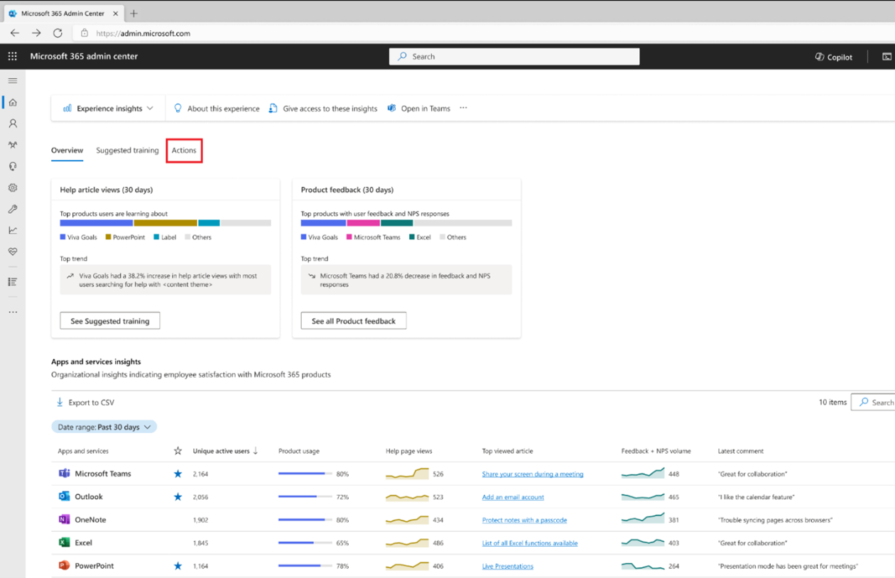 Experience insights dashboard with Actions tab highlighted. Next to the Suggested training tab near the top of the page.