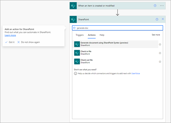 Screenshot of the SharePoint connector Actions tab showing Generate document using document processing action.