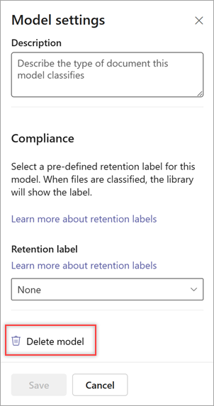 Screenshot of the Models settings panel showing Delete model option.