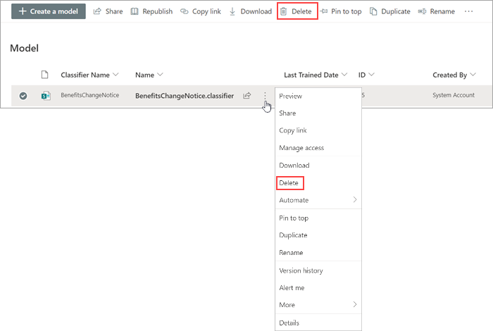Screenshot of the Models page showing a selected model with the Delete options highlighted.